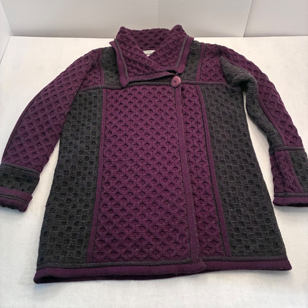 Aran Crafts Ireland Merino Wool Cardigan Purple Grey Honeycomb Knit Sweater XL